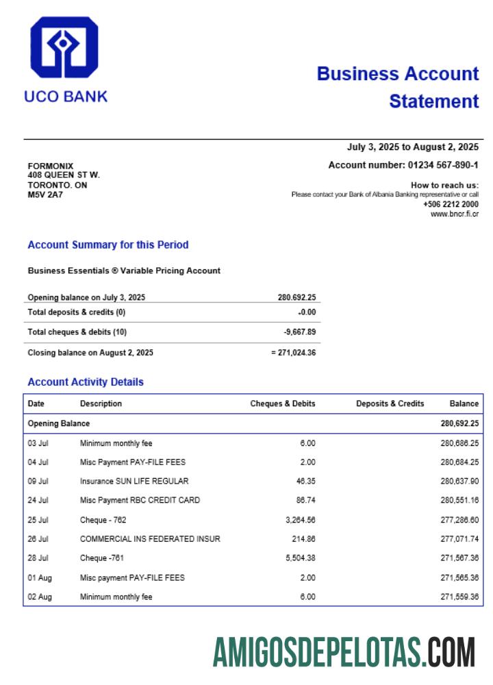 UCO empresa bancária extrato de conta corrente em formato Word e PDF exemplo real